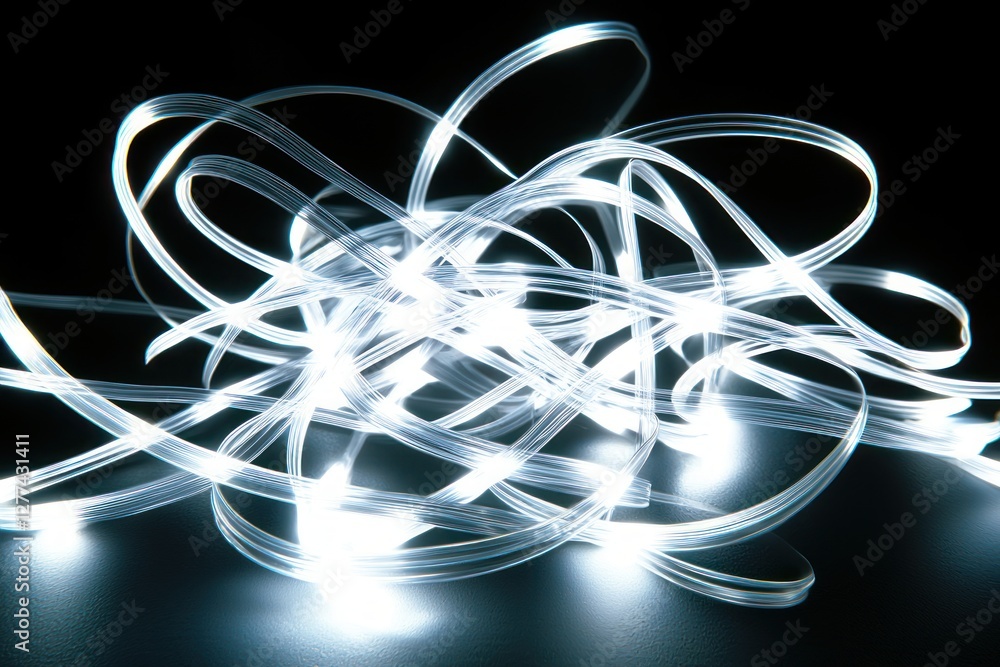 Poster luminous strands intertwining in a dance of light against a dark backdrop creating a mesmerizing vis