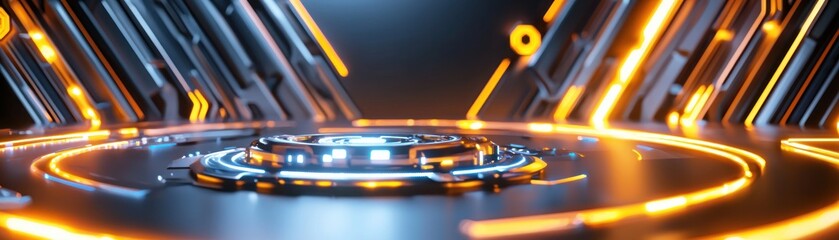 Futuristic Platform with Glowing Orange and Blue Neon Lights for Technology Product Display Backdrop