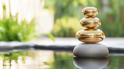 Obraz premium Serene zen garden scene featuring stacked golden stones in tranquil water reflecting nature's beauty and balance for wellness