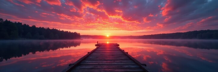 Fototapeta premium Enchanted sunrise, fiery sky reflects on still lake, weathered pier , mystical, serene