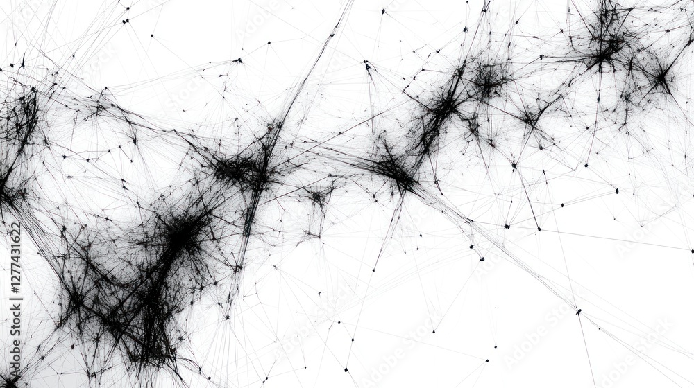 Poster abstract black interconnected nodes and lines on white background.
