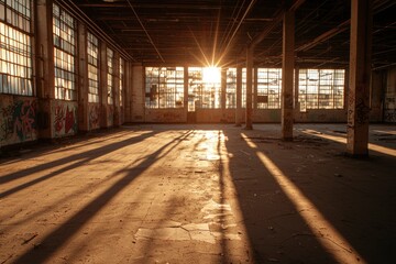 Abandoned factory interior at sunset. Long shadows.  Possible use Stock photo