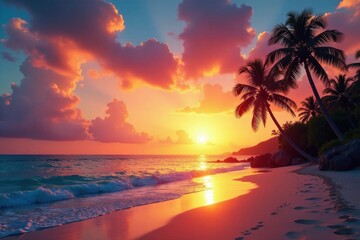 Golden sunset paints tropical beach, palm trees silhouetted against vibrant sky , vacation, picture