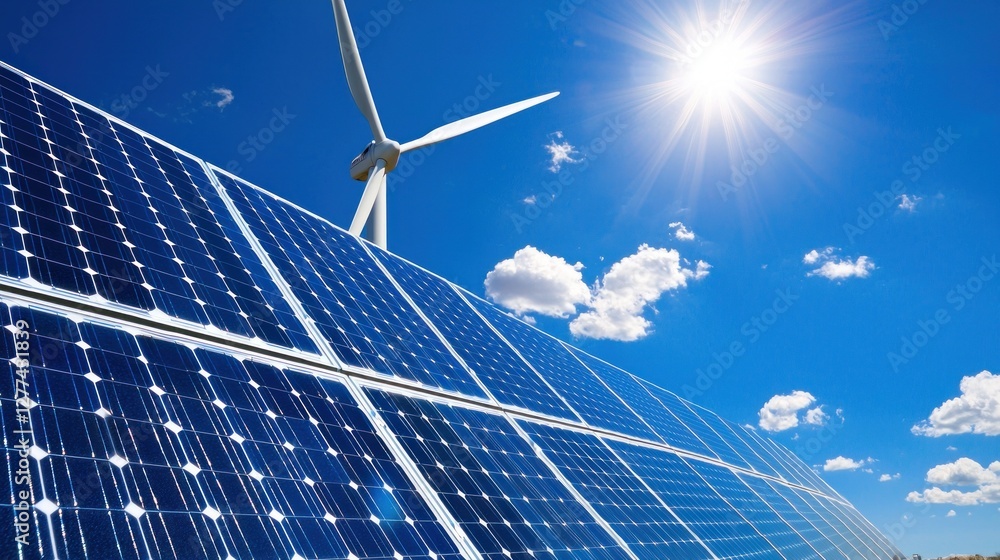 Poster solar panel array and wind turbine against a bright blue sky with fluffy clouds generating clean ren