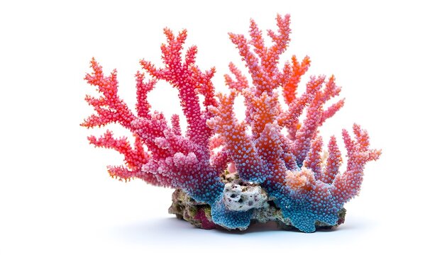 Vibrant coral with pink orange and blue coloration on white