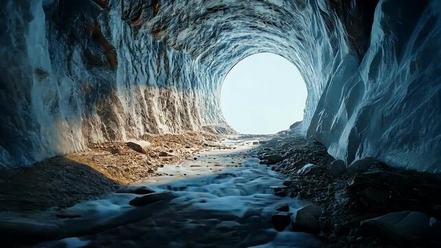A serene view of a glacial tunnel leading to bright light, with water flowing on rocky terrain