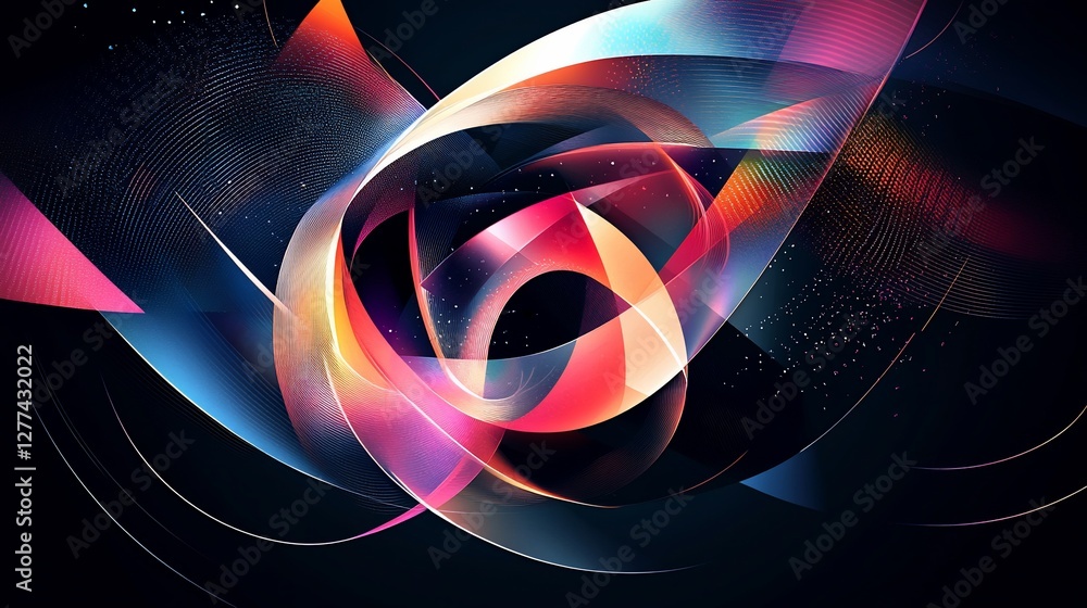 Poster abstract digital art: luminous curves and geometric shapes in dynamic composition