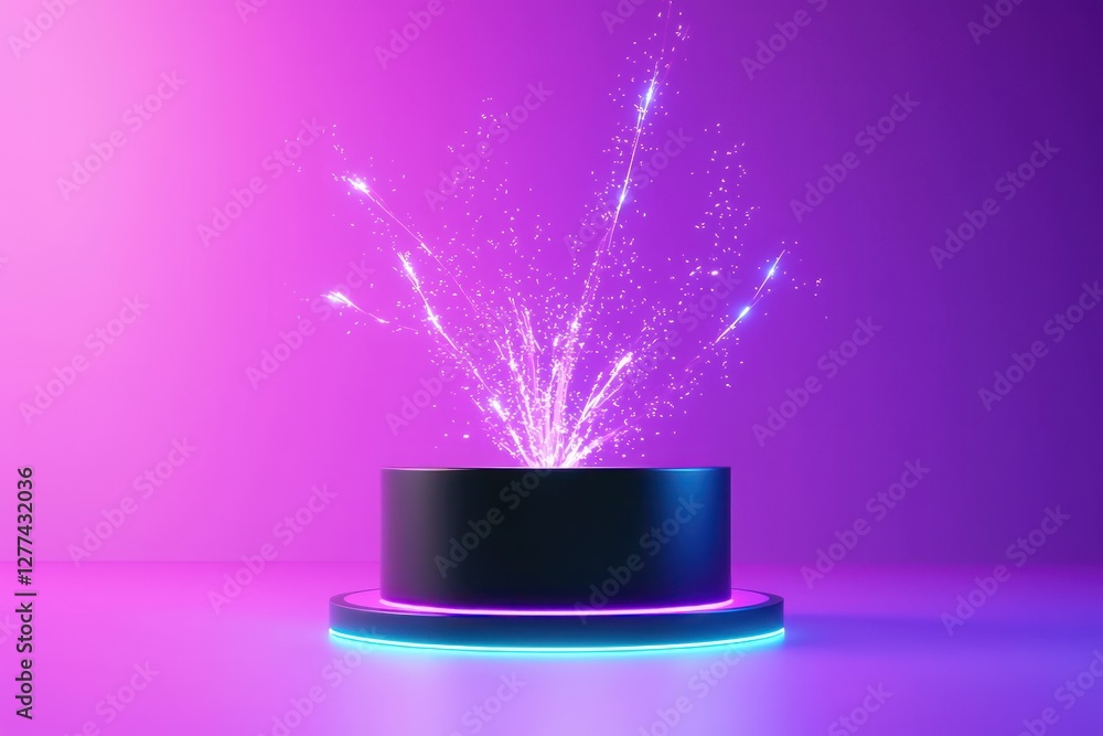 Poster elegant presentation podium with radiant light burst against a vibrant gradient background creating 