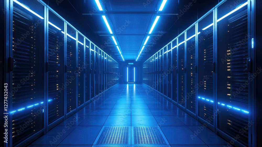 Poster Futuristic server room with glowing blue LED lights reflecting on the polished floor, creating a high-tech, secure data environment. Ideal for cloud computing, cybersecurity, AI