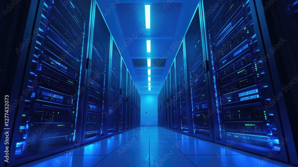 Poster High-tech server room with blue LED lighting reflecting on the floor, showcasing advanced digital infrastructure. Perfect for cloud computing, cybersecurity, AI, and data storage concepts