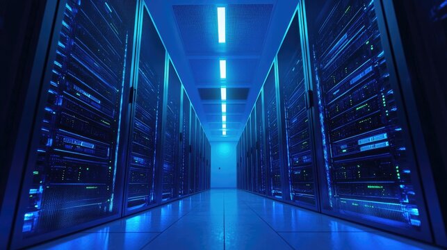 High-tech server room with blue LED lighting reflecting on the floor, showcasing advanced digital infrastructure. Perfect for cloud computing, cybersecurity, AI, and data storage concepts