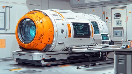 Futuristic medical pod in a sterile white lab setting with digital interface and monitoring equipment.