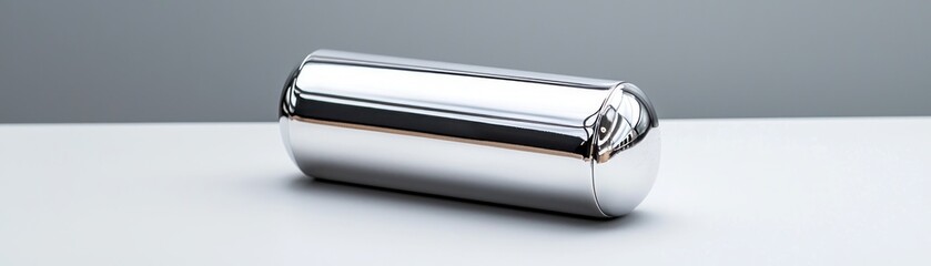 Chrome Cylinder on White Surface Reflecting Light and Shadow in a Minimalist Studio Setting Clean and Modern