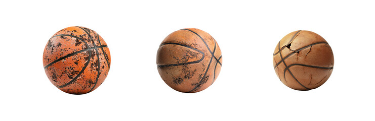Three Distressed Basketballs Displayed on a Isolated Background
