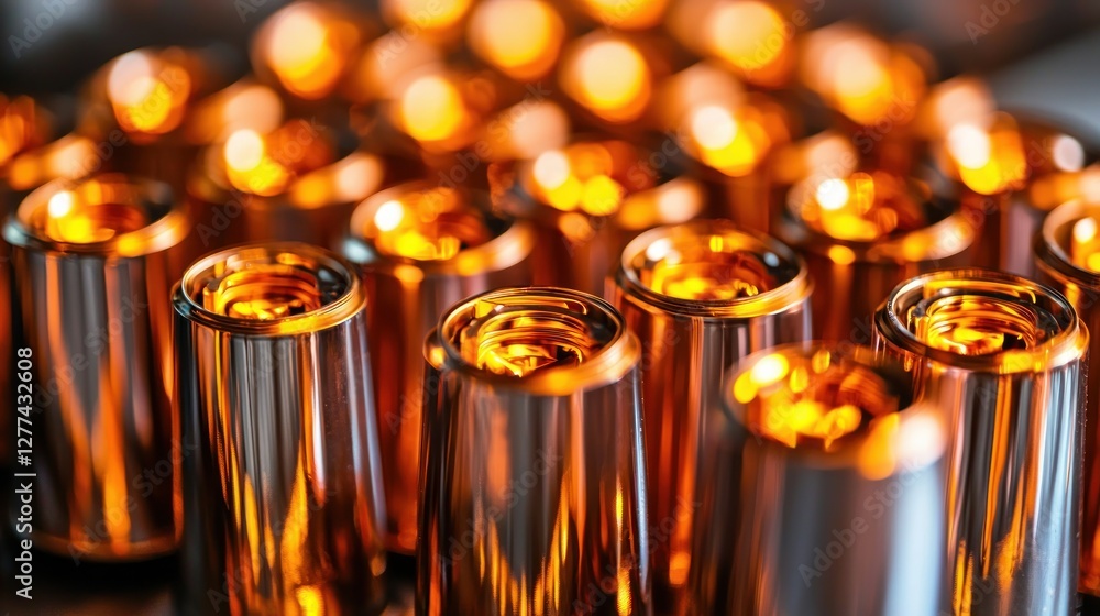 Poster captivating close up of copper colored metal containers reflecting warm light in a dark background w