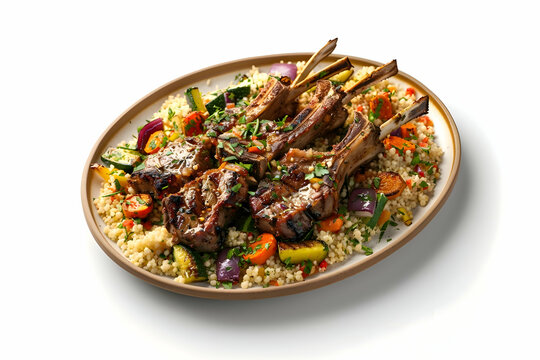 beautifully plated grilled rack of spicy Oriental lamb chops, perfectly seared and arranged on a bed of fluffy couscous