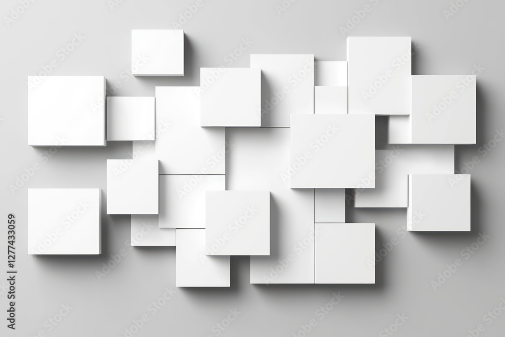 Poster minimalist arrangement of white cubes on a gray background showcasing modern design and geometric si