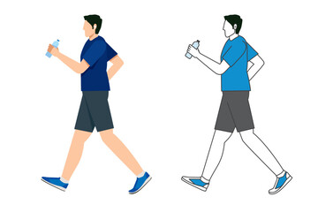 Fototapeta premium 散歩、歩く、ウォーキングする男性のイラスト フラットデザイン カラーと2色イラストのセット 