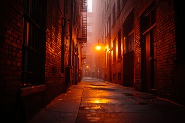 Fototapeta premium Foggy alleyway at night, urban street scene, possible use for a wallpaper
