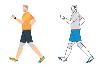 Obraz premium 散歩、歩く、ウォーキングする白人高齢者男性のイラスト フラットデザイン カラーと2色イラストのセット 