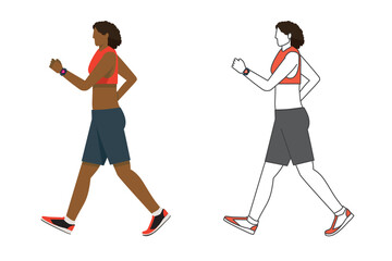 散歩、歩く、ウォーキングする黒人女性のイラスト　フラットデザイン　カラーと2色イラストのセット
