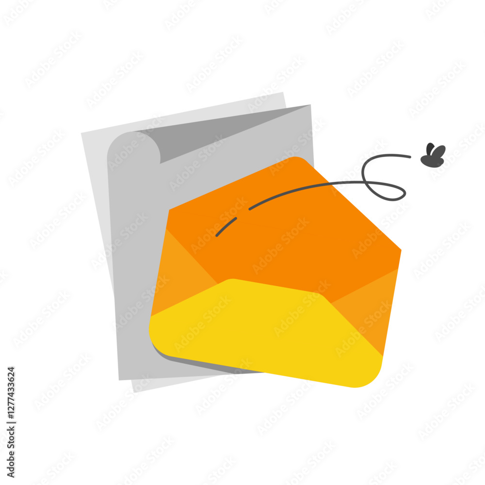 Poster flat illustration of envelope with a paper behind it, symbolizing an empty inbox or no new messages.