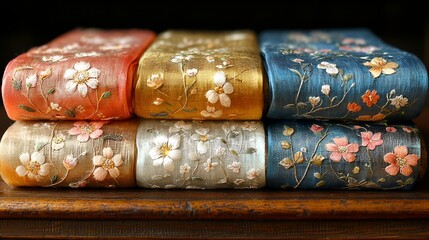 Stacked embroidered silk ribbons on wooden surface.  Possible use  Fabric store display