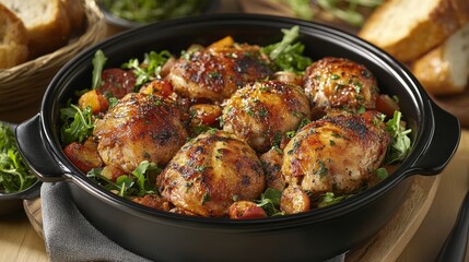A dish of roasted chicken thighs served with vegetables and herbs in a black serving dish.