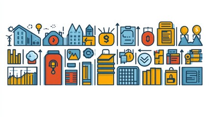 Colorful vector icons representing business concepts, finance, and productivity in a modern design