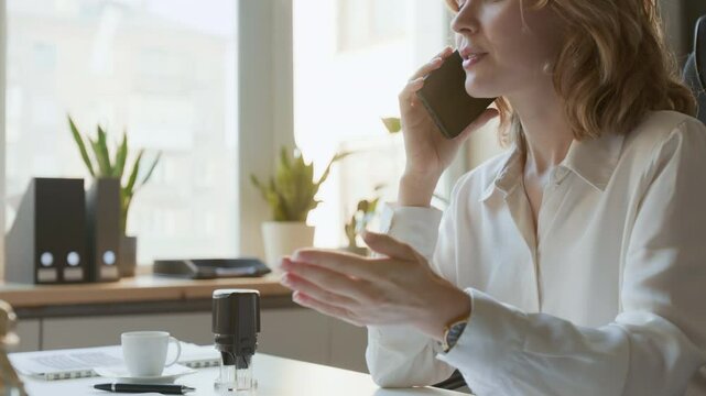 Medium shot of confident young Caucasian female solicitor in white shirt sitting at desk at law firm, talking on smartphone, explaining legal issues while consulting client by phone call