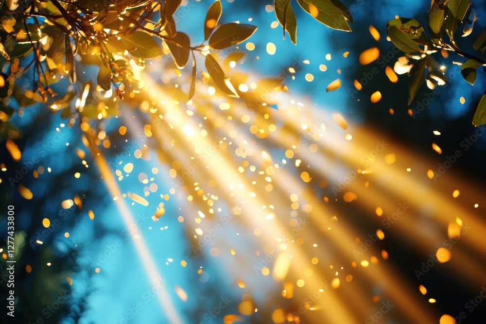 Aufkleber ethereal sunlight filtering through leaves creating a magical atmosphere with bokeh and sun rays nat