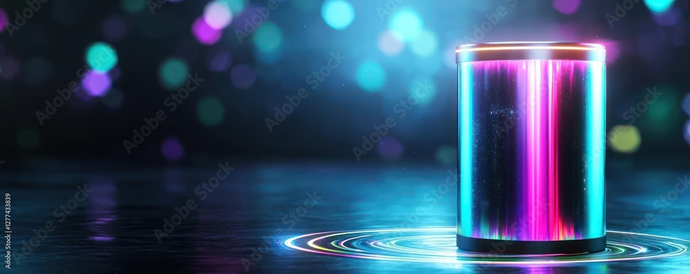 Poster abstract futuristic cylinder with neon lights and reflections on dark surface in studio setting