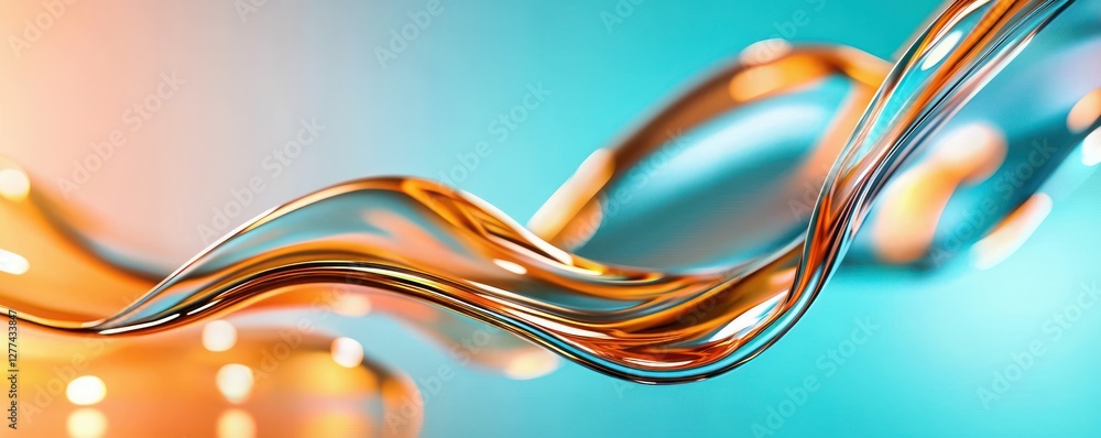 Poster abstract flowing amber glass ribbon on light teal backdrop with soft bokeh and gentle light gradient