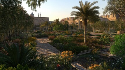 Obraz premium Serene Garden Landscape with Lush Foliage and Historical Architecture