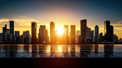Fototapeta premium Solar Energy Innovation Meets Urban Skyline at Sunset Capturing Sustainable Future and Technological Advancement in Modern City