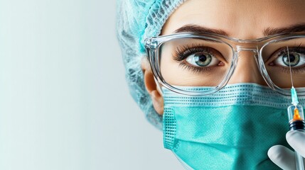 Close-up of a female doctor in PPE holding a syringe.