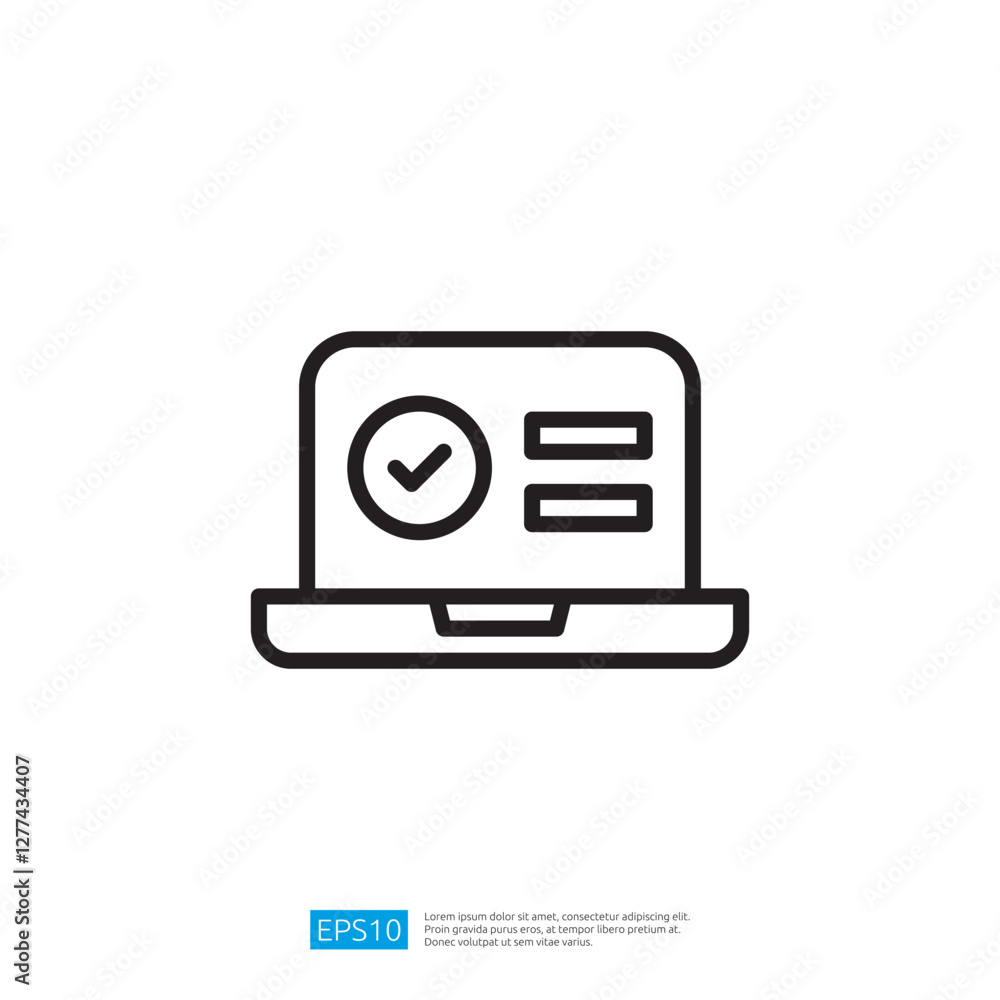 Poster digital icon of a laptop with checkmark indicating task evaluation and successful completion icon fo