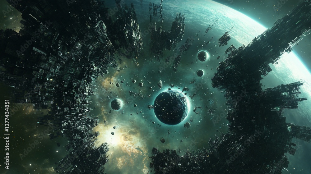 Poster spectacular view of a ringed planet system with asteroids and structures