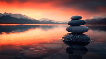 Serene Sunset: Stacked Stones Reflecting in Calm Lake Waters