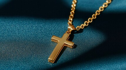 Gold Cross Necklace on Blue Background