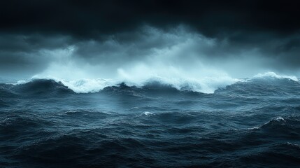 Dramatic stormy ocean waves at night.