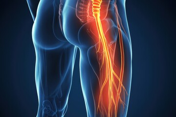 Clean Anatomical Depiction of the Lower Body, with a Glowing Red Line Tracing the Sciatic Nerve from the Lower Back Down the Leg, Representing Sciatic Pain