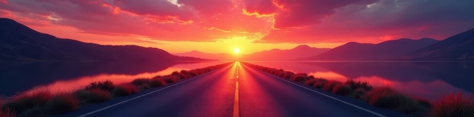 Crimson sunset over still lake, asphalt road disappears into distance , path, rural