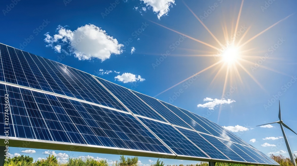 Poster solar panel array under bright sun and blue sky with fluffy clouds generating clean energy for susta