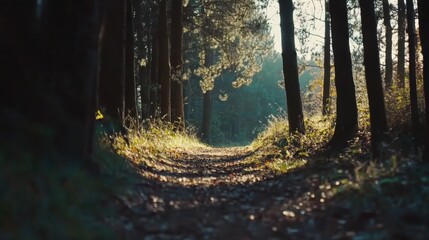 Obraz premium Video generation of a quiet forest trail with dappled sunlight. Featuring peaceful walk and natural beauty