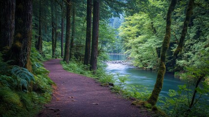 Obraz premium Serene Forest Trail Beside a Tranquil River: A Picturesque Pacific Northwest Scene