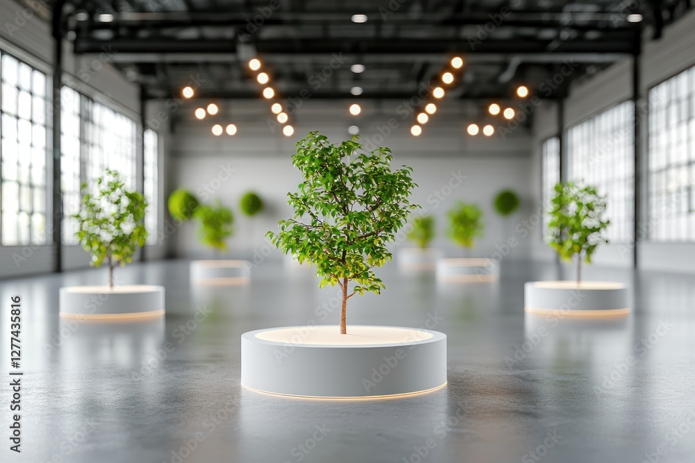 Poster serene indoor garden featuring small trees in illuminated circular planters against industrial backd