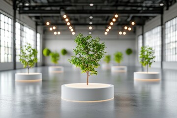 Serene indoor garden featuring small trees in illuminated circular planters against industrial backdrop creating a peaceful and modern atmosphere with soft lighting