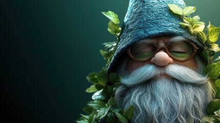 Serene gnome portrait, eyes closed, surrounded by green leaves, wearing glasses and hat.