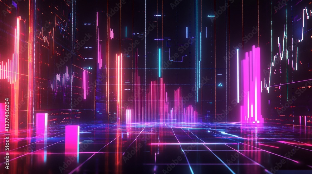 Poster neon digital data streams and glowing grid